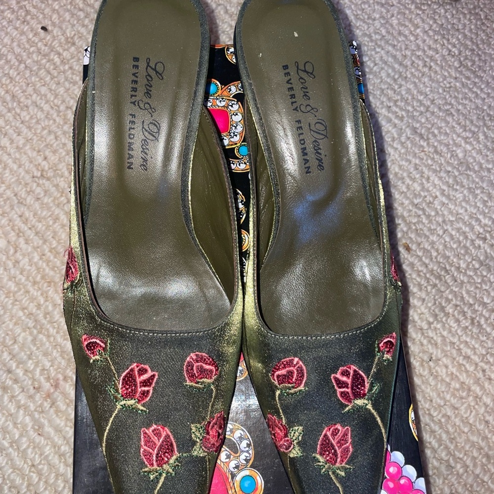Beverly Feldman Olive Green Mules with Red Floral Embroidery